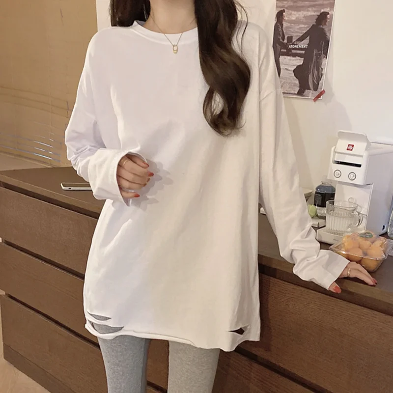Женская футболка средней длины с длинными рукавами и отверстиями, белая нижняя рубашка, новинка 2021, Корейская Свободная верхняя одежда
Женская футболка средней длины с длинными рукавами и отверстиями, белая нижняя рубашка, новинка 2021, Корейская Свободная верхняя одежда