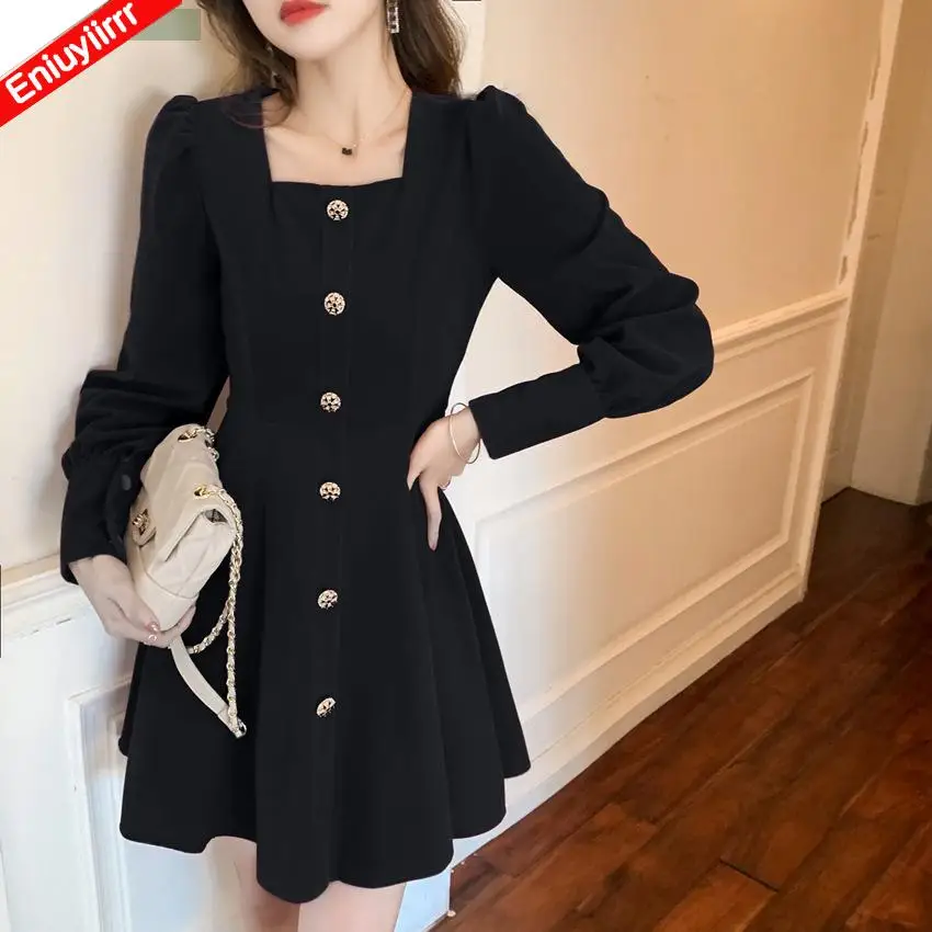 New Year Red Christmas Little Black Dress Women Fashion French Style Square Neck Single Breasted Button Feminine Vestidos
New Year Red Christmas Little Black Dress Women Fashion French Style Square Neck Single Breasted Button Feminine Vestidos