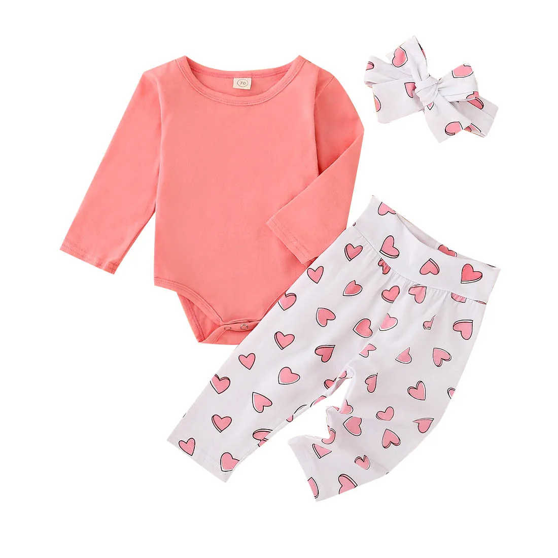 Spring And Autumn Round Neck Solid Color Long Sleeve Romper Love Printed Trousers Turban Girls Three-piece Set
Spring And Autumn Round Neck Solid Color Long Sleeve Romper Love Printed Trousers Turban Girls Three-piece Set