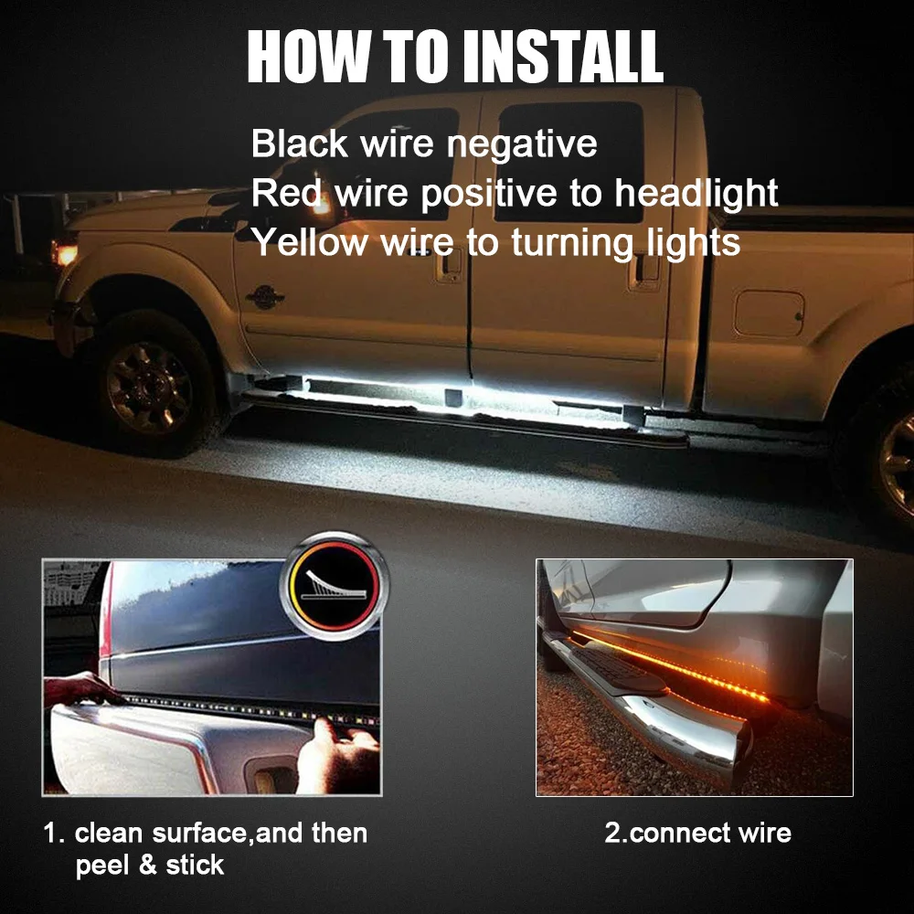 48 70 Inch Running Board LED Decorative Lights Bar White/Amber DRL Turn Signal Strips 12V LED Car Underbody Ambient Light Strip 
48 70 Inch Running Board LED Decorative Lights Bar White/Amber DRL Turn Signal Strips 12V LED Car Underbody Ambient Light Strip
