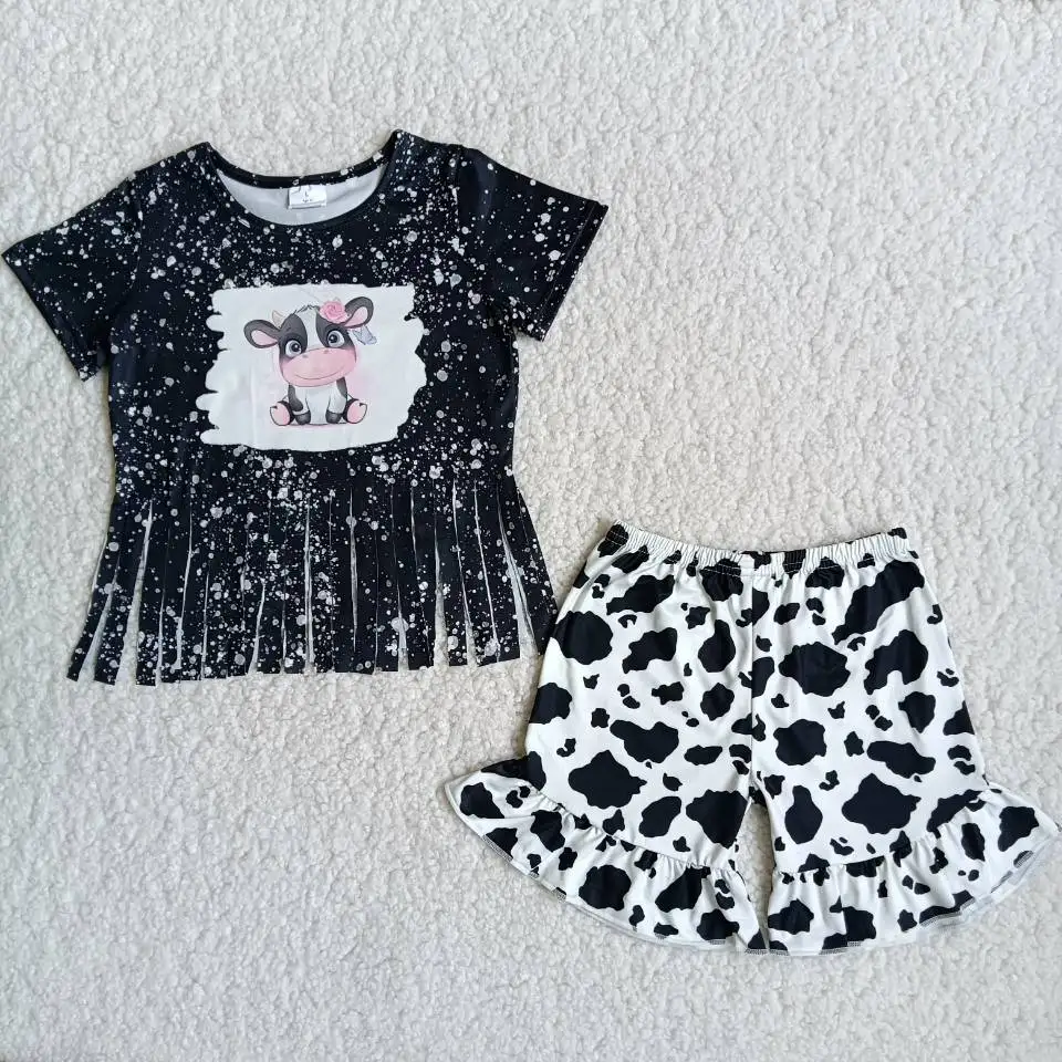 Summer Girls Outfits Short Sleeve Cute Milk Cow Tassels Shirt Shorts Outfits Kids Boutique Set
Summer Girls Outfits Short Sleeve Cute Milk Cow Tassels Shirt Shorts Outfits Kids Boutique Set