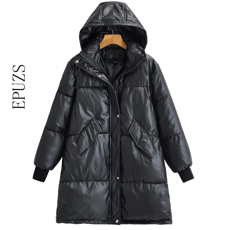 

Winter black hooded parka jacket women long coat warm PU parka casual fur leather coat thick dowm jacket 2021