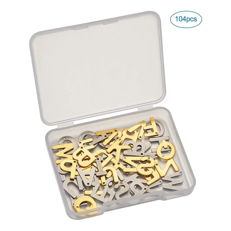 

4 Sets 104pcs/box 304 Stainless Steel Alphabet Letter Charms Pendant Letter A~Z for DIY Jewelry Making Hole: 1mm 2sets/color