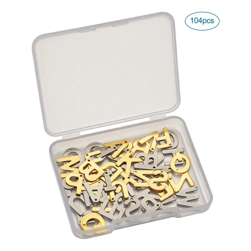 4 Sets 104pcs/box 304 Stainless Steel Alphabet Letter Charms Pendant Letter A~Z for DIY Jewelry Making Hole: 1mm 2sets/color
4 Sets 104pcs/box 304 Stainless Steel Alphabet Letter Charms Pendant Letter A~Z for DIY Jewelry Making Hole: 1mm 2sets/color