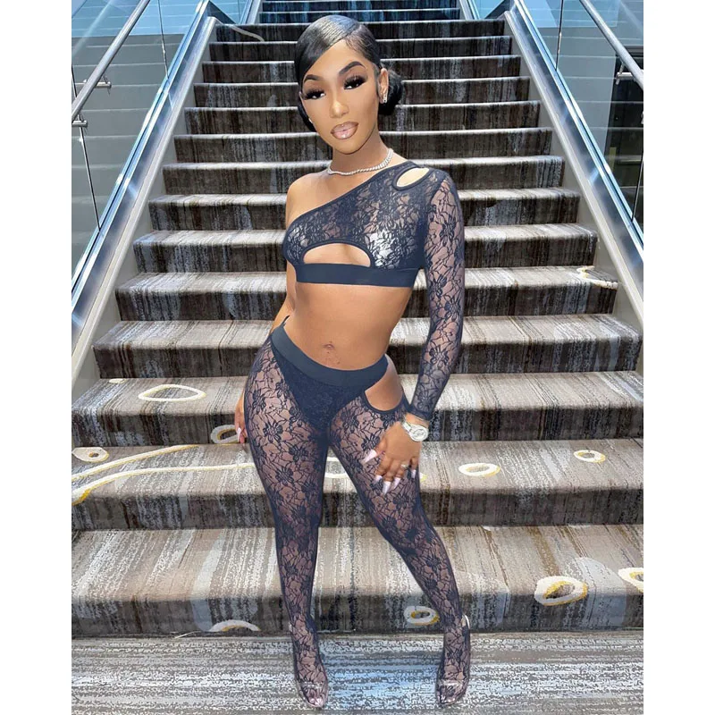 2021 Summer Two Piece Set Women Sexy Mesh Sheer Lace Hollow One-shoulder Crop Top Pants Suits Club Outfits Streetwear Wholesale
2021 Summer Two Piece Set Women Sexy Mesh Sheer Lace Hollow One-shoulder Crop Top Pants Suits Club Outfits Streetwear Wholesale