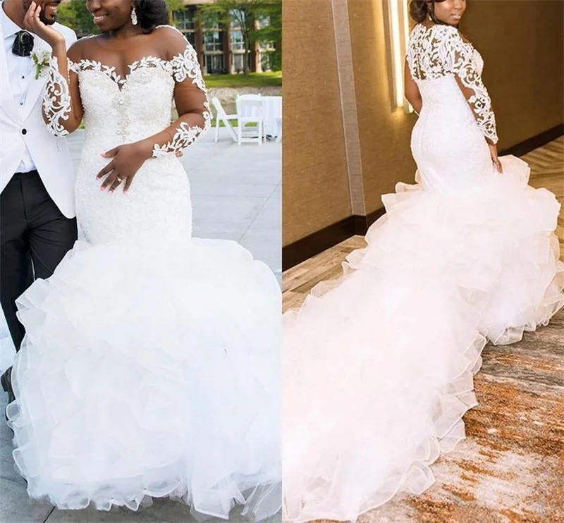 Plus Size Wedding Dresses Long Sleeves Mermaid Bridal Gowns Applique Lace Beaded Sheer Neckline Ruffles vestido de novia
Plus Size Wedding Dresses Long Sleeves Mermaid Bridal Gowns Applique Lace Beaded Sheer Neckline Ruffles vestido de novia