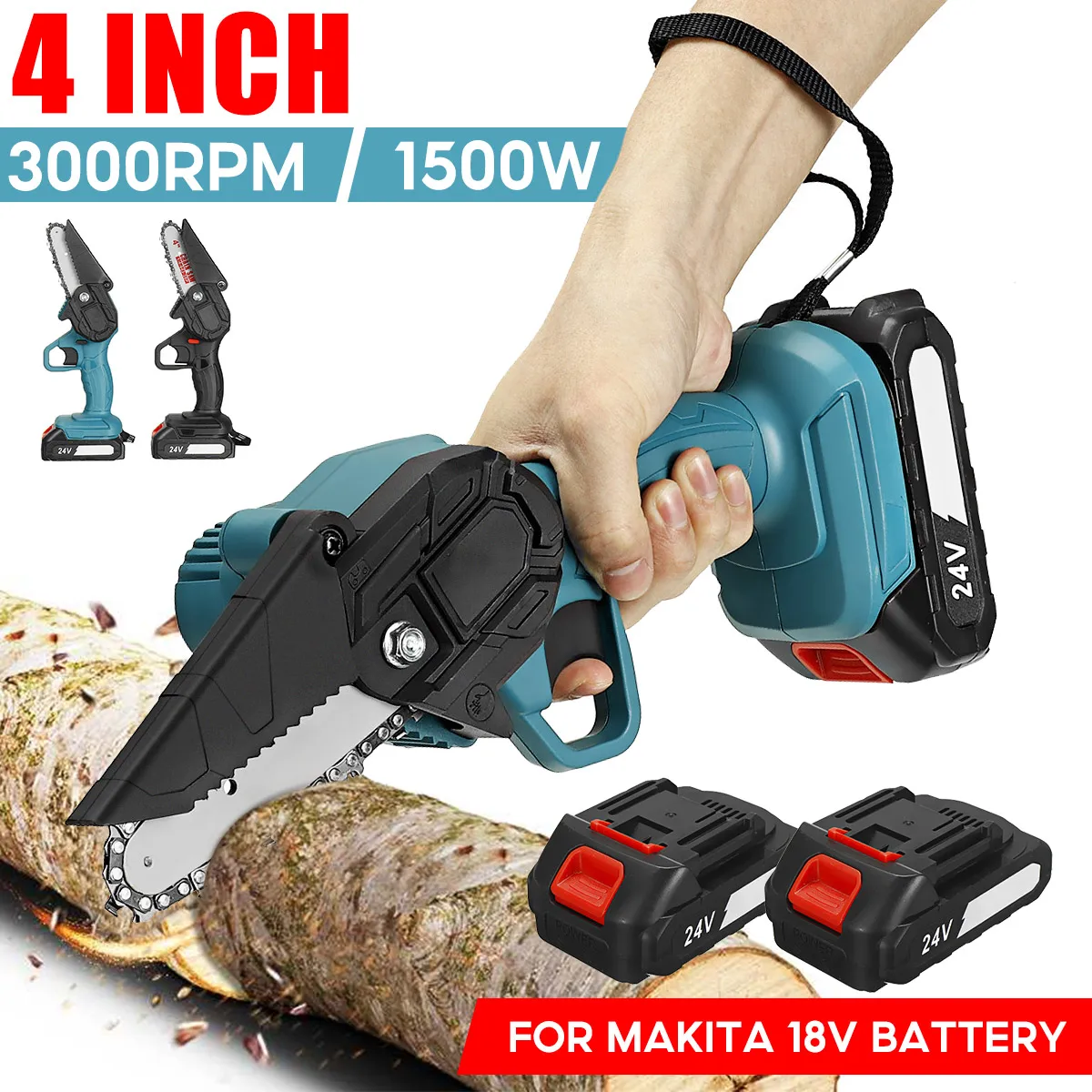 4 inch 1500W Cordless Electric Chainsaw with 2 Batteries Chain Saw Garden Power Tool Woodworking Cutter for Makita 18V Battery
4 inch 1500W Cordless Electric Chainsaw with 2 Batteries Chain Saw Garden Power Tool Woodworking Cutter for Makita 18V Battery