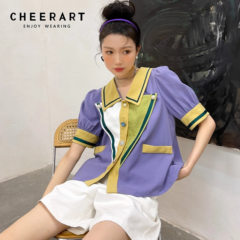 Дизайнерская рубашка CHEERART с пуговицами и коротким рукавом-фонариком, модный топ с драгоценными камнями, Женская цветная блузка
Дизайнерская рубашка CHEERART с пуговицами и коротким рукавом-фонариком, модный топ с драгоценными камнями, Женская цветная блузка