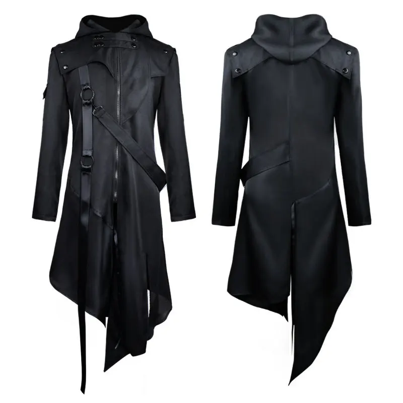 

Medieval Costume Men Victorian Gothic Trench Coat Steampunk Long Black Jacket Hoodies Irregular Design Overcoat Uniform Cos