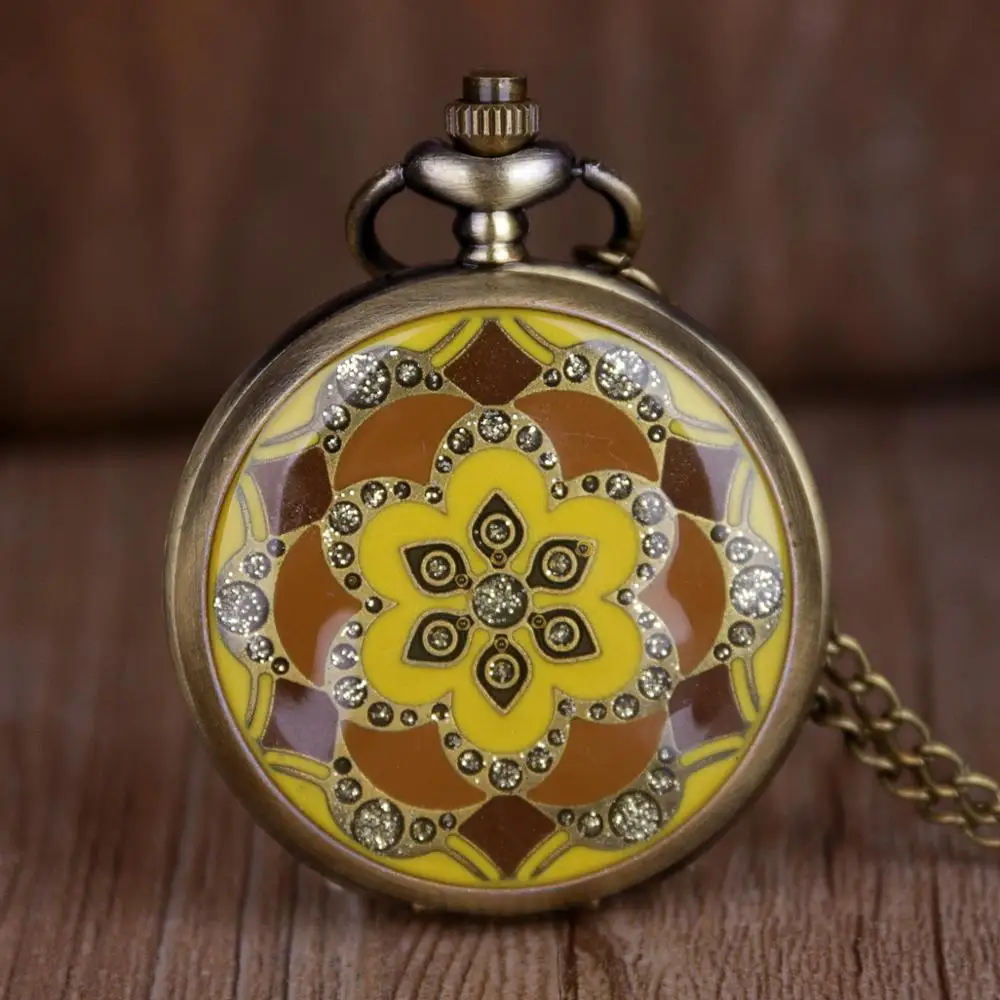 

Vintage Retro Yellow Epoxy Jade Flower Quartz Pocket Watches Women Ladies Girls FOB Chain Best Gift Fob Watch CF1162