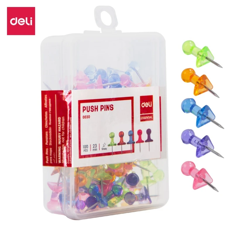 

Deli E0030 Colored Push Pins 100PCS / Box Plastic Cork Board Pin Thumbtack Office Supplies School Accessories Thumb Tacks