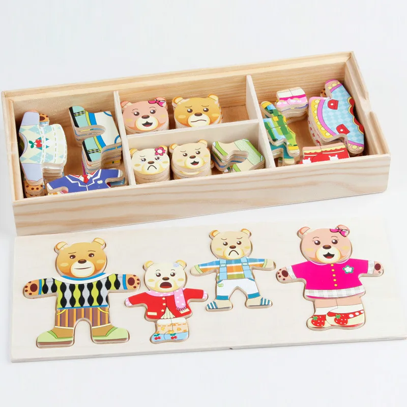 

72pcs Cartoon 4 Rabbit Bear Dress Changing Jigsaw Puzzle Wooden Toy Montessori Educational Change Clothes Toys For Children Gi