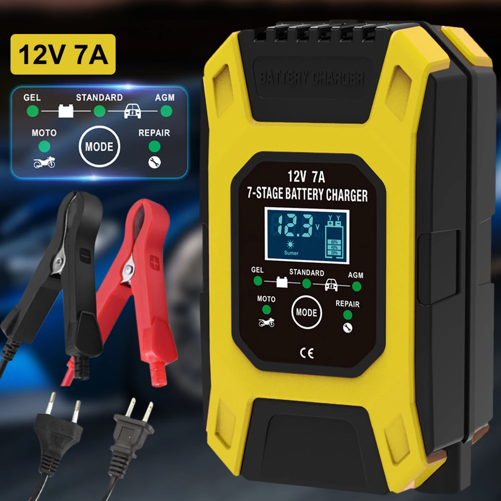 Car Battery Charger 12V 7A 7-Stage Automatic Charging LCD Display Motorcycle Lead-Acid Battery Charger for Gel AGM Wet Universal
Car Battery Charger 12V 7A 7-Stage Automatic Charging LCD Display Motorcycle Lead-Acid Battery Charger for Gel AGM Wet Universal