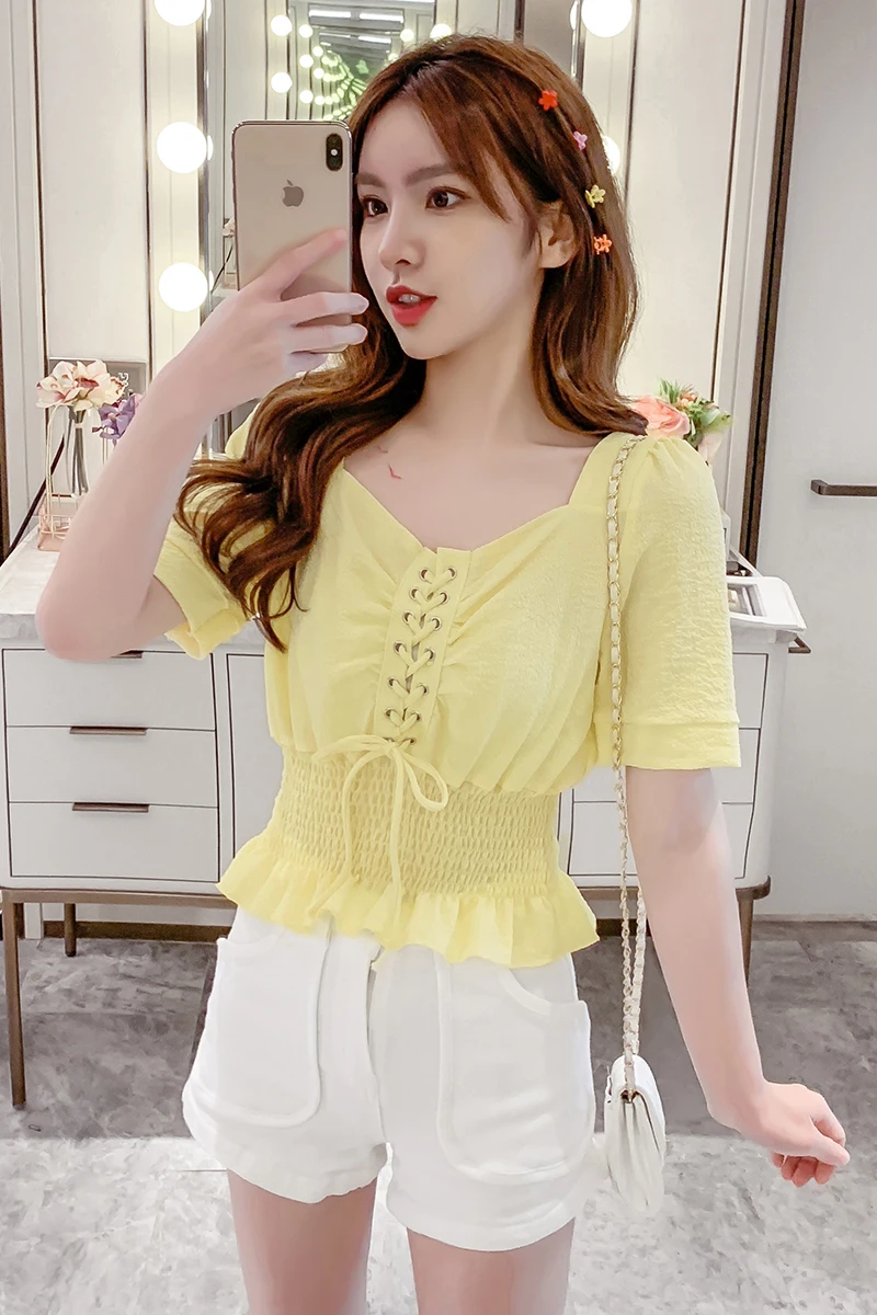 Houthion Short-sleeved Women's Blouse Solid Color Square Collar Shirt Fashion Tops Korean Casual Comfortable Chiffon
Houthion Short-sleeved Women's Blouse Solid Color Square Collar Shirt Fashion Tops Korean Casual Comfortable Chiffon