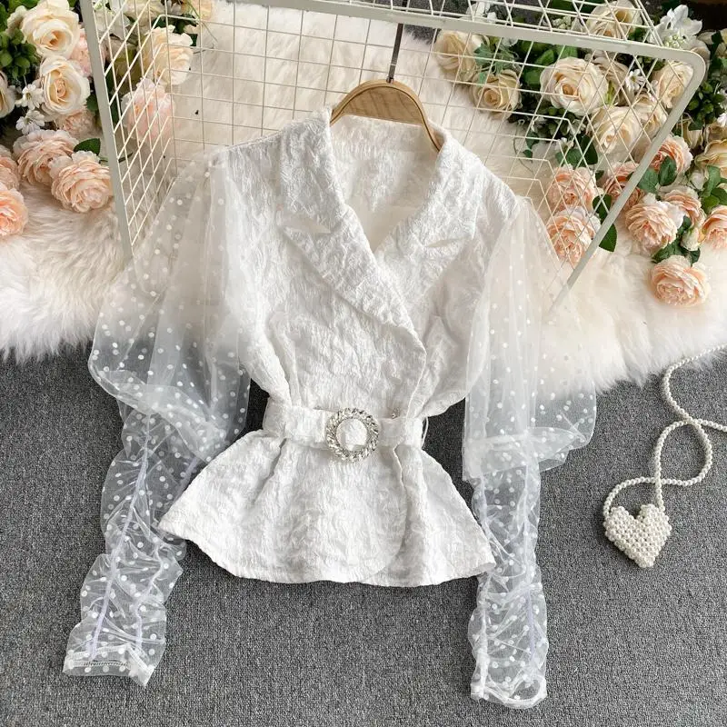 Ladies Elegant Office Lady Shirt Lace Puff Long Sleeve Notched Collar Gauze Sashes Belt Women V-neck Short Tops Female Blouses 
Ladies Elegant Office Lady Shirt Lace Puff Long Sleeve Notched Collar Gauze Sashes Belt Women V-neck Short Tops Female Blouses