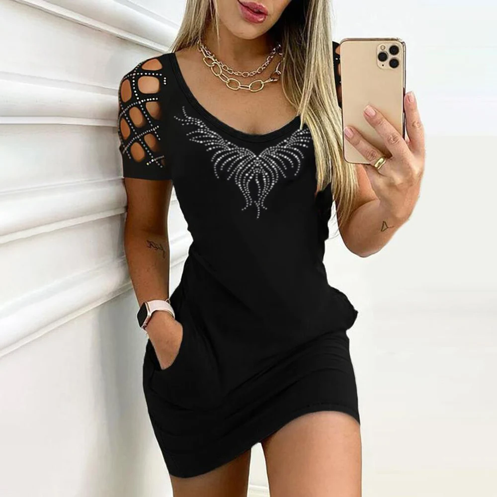 Women Sexy Hollow Out Pocket Bodycon Dress Hot Drilling Short Sleeve O-Neck Wrap Mini Dress Slim Fit Summer Knit Female Vestido
Women Sexy Hollow Out Pocket Bodycon Dress Hot Drilling Short Sleeve O-Neck Wrap Mini Dress Slim Fit Summer Knit Female Vestido