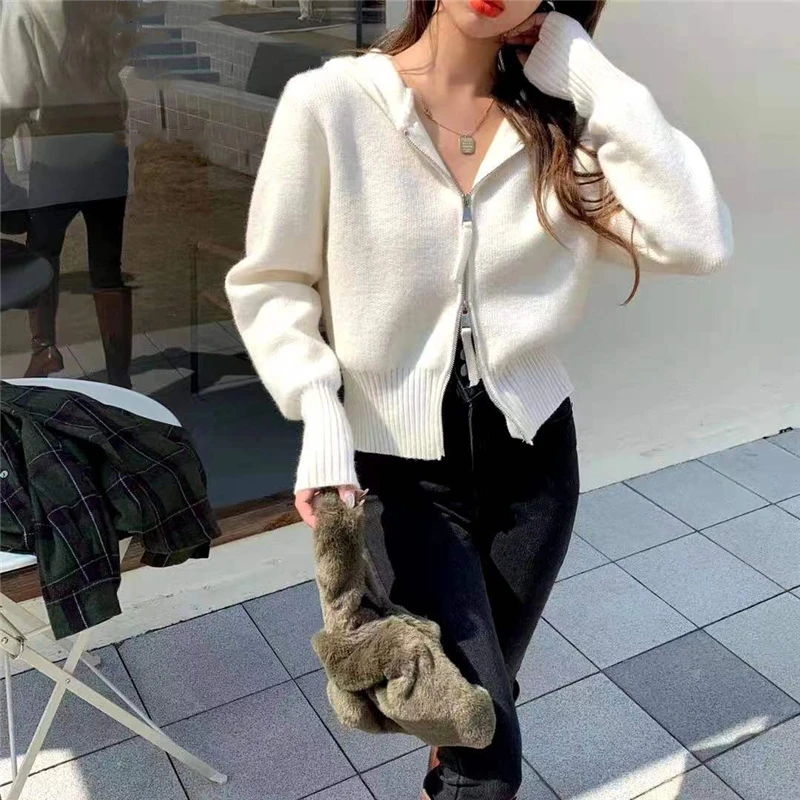 

OOLMM Spring New Hooded Women's Knit Cardigan Jacket Casual Loose Short Lazy Double Zipper 2021