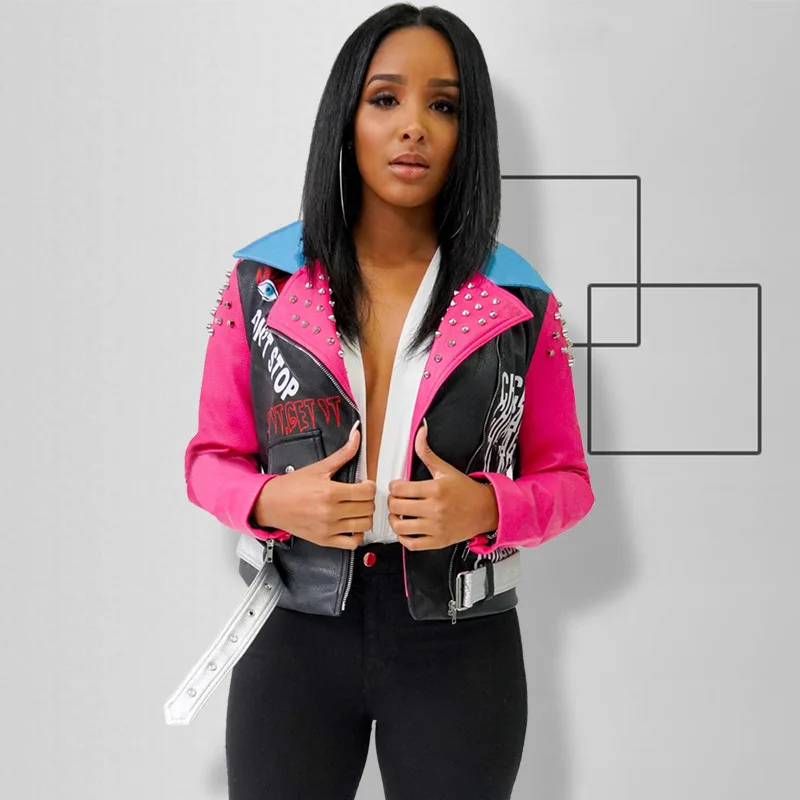 Cool Women's fashion Pu jacket with cross-border Rivet Printing Lapel crashworthiness Zipper
Cool Women's fashion Pu jacket with cross-border Rivet Printing Lapel crashworthiness Zipper