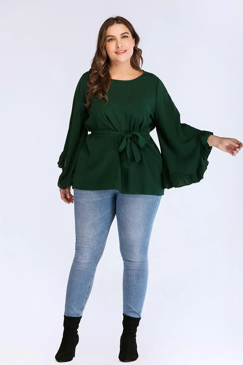 2019 Autumn Women Blouse Tops Ruffle Sleeve Plus Size O-neck Casual Loose Shirt Top With Belt Flare Long Sleeve Casual Shirts
2019 Autumn Women Blouse Tops Ruffle Sleeve Plus Size O-neck Casual Loose Shirt Top With Belt Flare Long Sleeve Casual Shirts