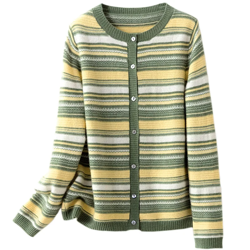 Autumn new round neck cardigan women's cardigan loose short striped knitted top wool sweater coat
Autumn new round neck cardigan women's cardigan loose short striped knitted top wool sweater coat