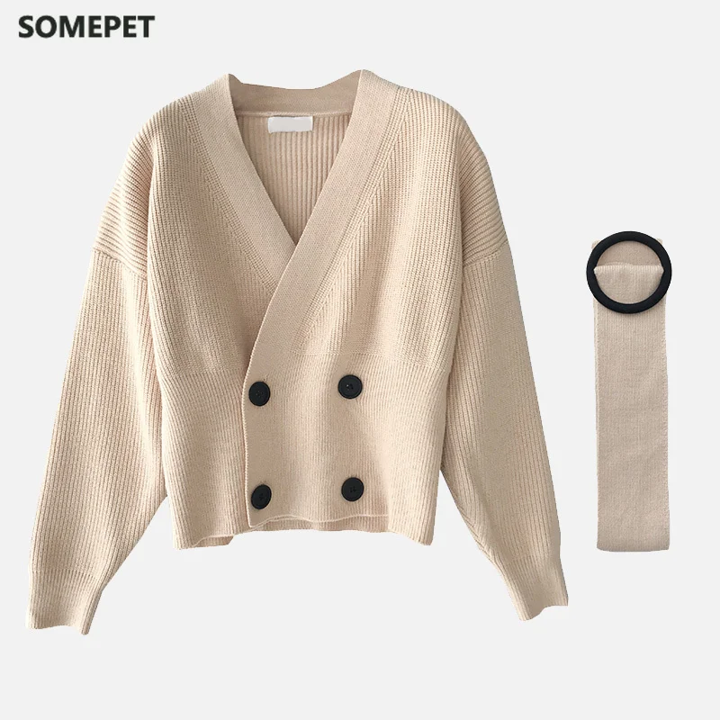 Knitted V-neck Belt Women's Cardigan Sweater Vintage Long Batwing Sleeve Double Breasted Lace Up Short Sweaters Female
Knitted V-neck Belt Women's Cardigan Sweater Vintage Long Batwing Sleeve Double Breasted Lace Up Short Sweaters Female