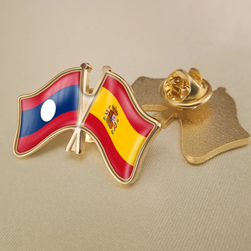 

Lao People's Democratic Republic and Spain Crossed Double Friendship Flags Lapel Pins Brooch Badges