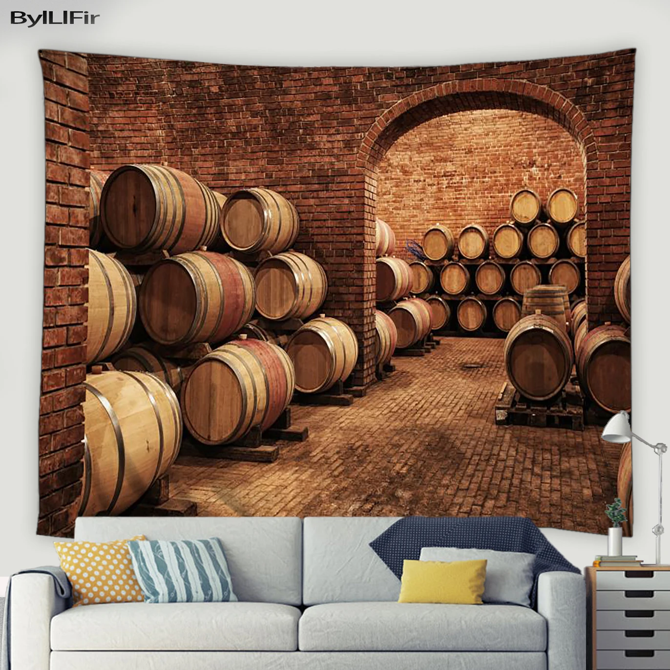 

Vintage Brick Wall Wine Cellar Living Room Tapestry Wine Ltaly Oak Barrel Cold Dark Underground Cellar Wall Hanging Dorm Decor