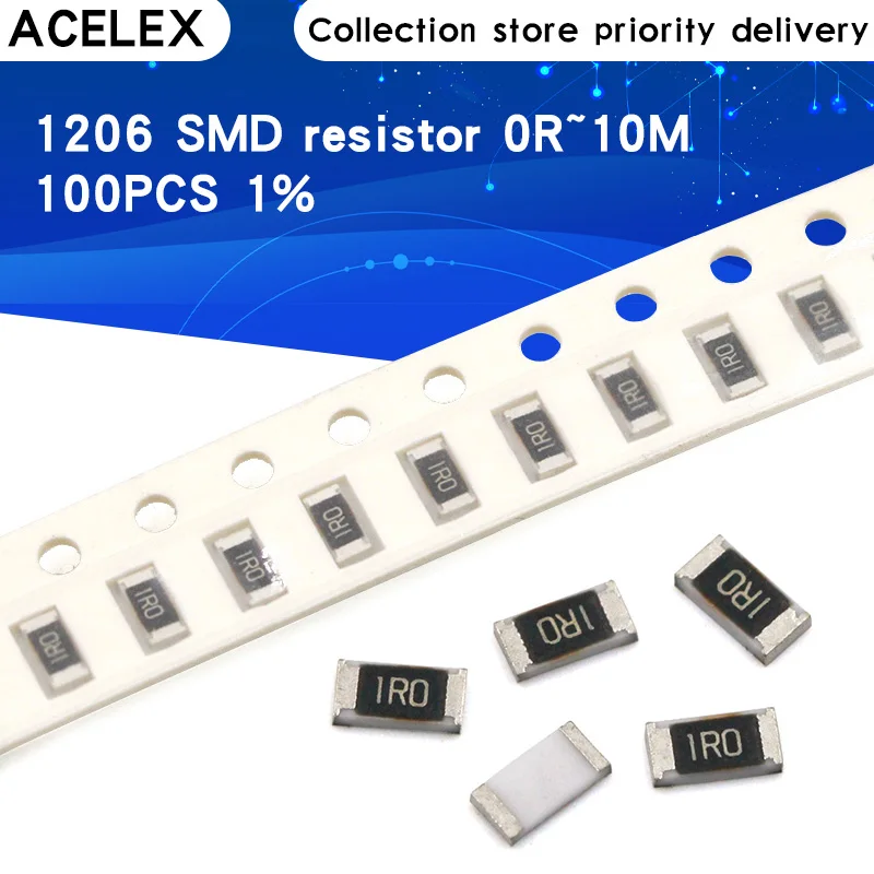 100pcs 1% 1206 SMD resistor 0R ~ 10M 1/4W 0 0.1 1 10 100 150 220 330 ohm 1K 2.2K 10K 100K 0R 1R 10R 100R 150R 220R 330R 1M 10M 
100pcs 1% 1206 SMD resistor 0R ~ 10M 1/4W 0 0.1 1 10 100 150 220 330 ohm 1K 2.2K 10K 100K 0R 1R 10R 100R 150R 220R 330R 1M 10M