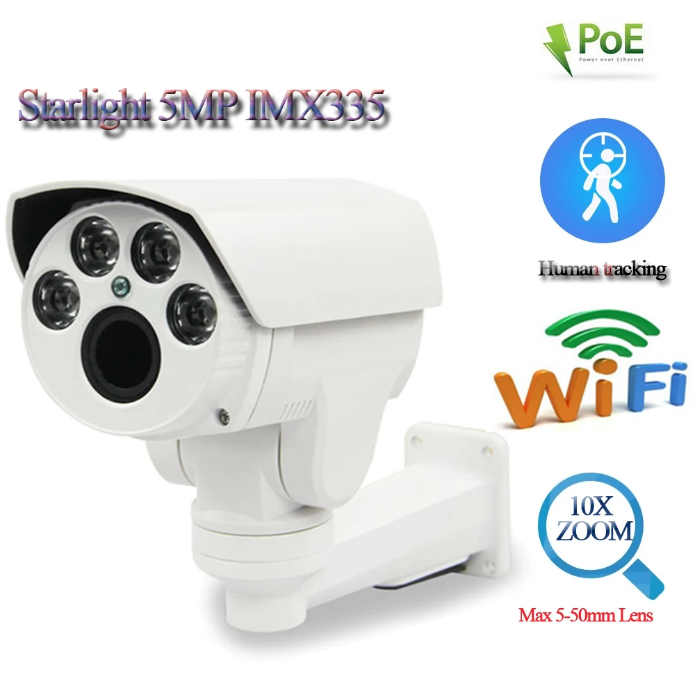 H.265 5MP Starlight 10X Zoom Mini PTZ Wifi IP Network Camera POE Wireless Camera Sony IMX335 Senor Camhi 5-50MM Zoom Lens 
H.265 5MP Starlight 10X Zoom Mini PTZ Wifi IP Network Camera POE Wireless Camera Sony IMX335 Senor Camhi 5-50MM Zoom Lens