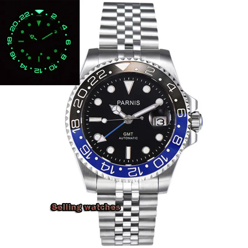 Parnis40mm sapphire crystal super bright luminous ceramic bezel GMT automatic date casual sports men's watch black/blue Bezel
Parnis40mm sapphire crystal super bright luminous ceramic bezel GMT automatic date casual sports men's watch black/blue Bezel