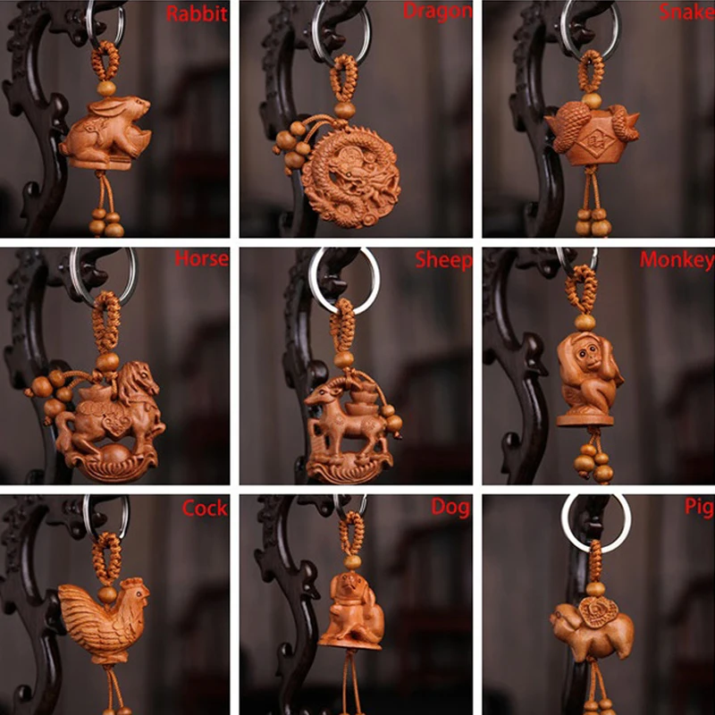 

Keychain Natural Wood Keyring Unisex Animal Dragon Tiger Sheep Rabbit Monkey Snake Keyring Gift For Kids 12 Zodiac 1pcs