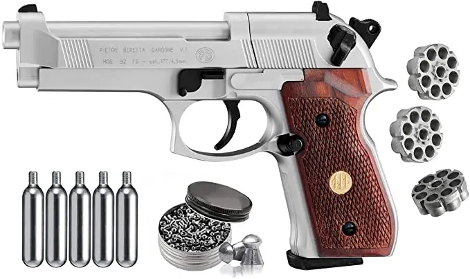 Beretta M92FS espingarda de chumbinho Tanks and Pack of 500ct Lead Pellets Bundle (Nickel/Wood+Mag+Accessories) Wall Tin Sign
Beretta M92FS espingarda de chumbinho Tanks and Pack of 500ct Lead Pellets Bundle (Nickel/Wood+Mag+Accessories) Wall Tin Sign
