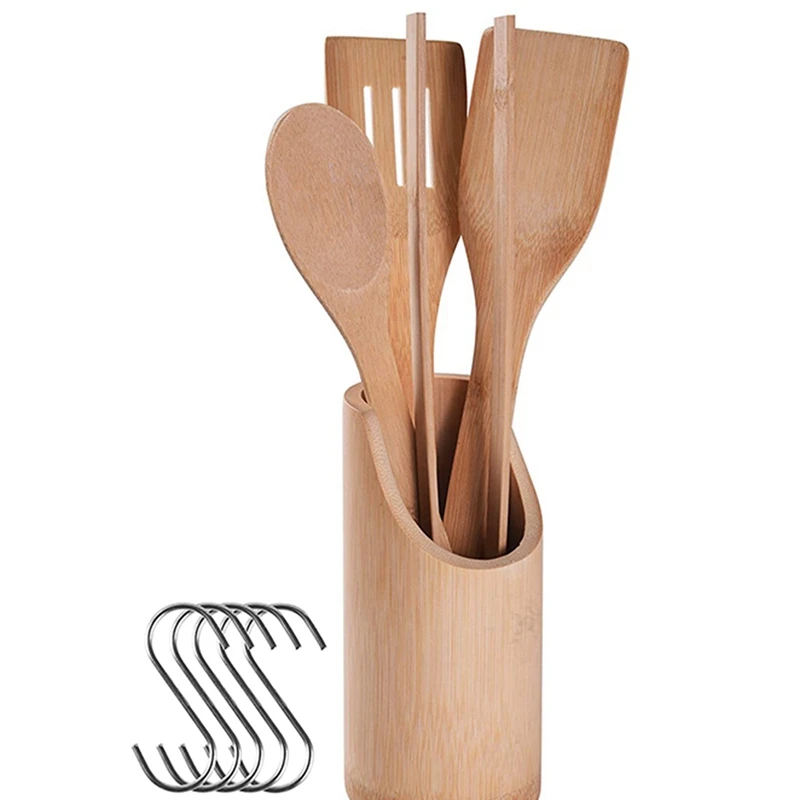 

Bamboo Kitchen Utensils, Wooden Cooking Utensils with Holder, Wooden Spatulas and Cookware Set, Bamboo Spoons