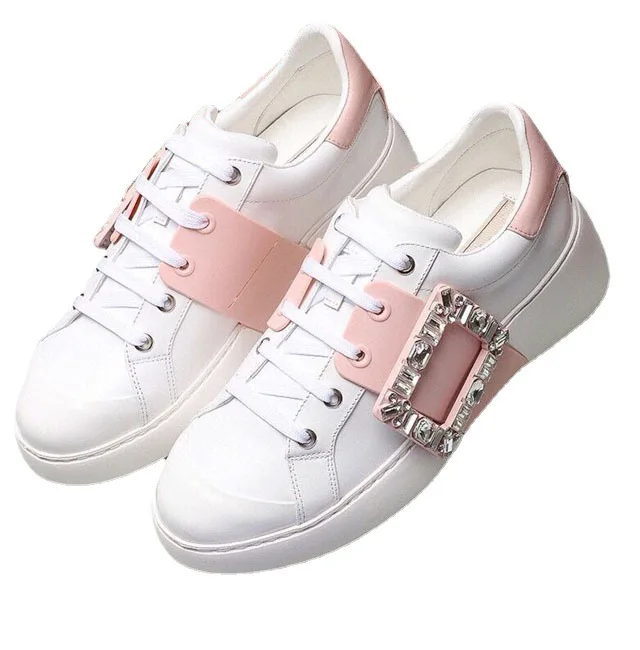 Simple Casual White Shoes Women's Luxury Quality Thick-soled Leather Lace-up Rhombus Square Buttons Color Matching 
Simple Casual White Shoes Women's Luxury Quality Thick-soled Leather Lace-up Rhombus Square Buttons Color Matching