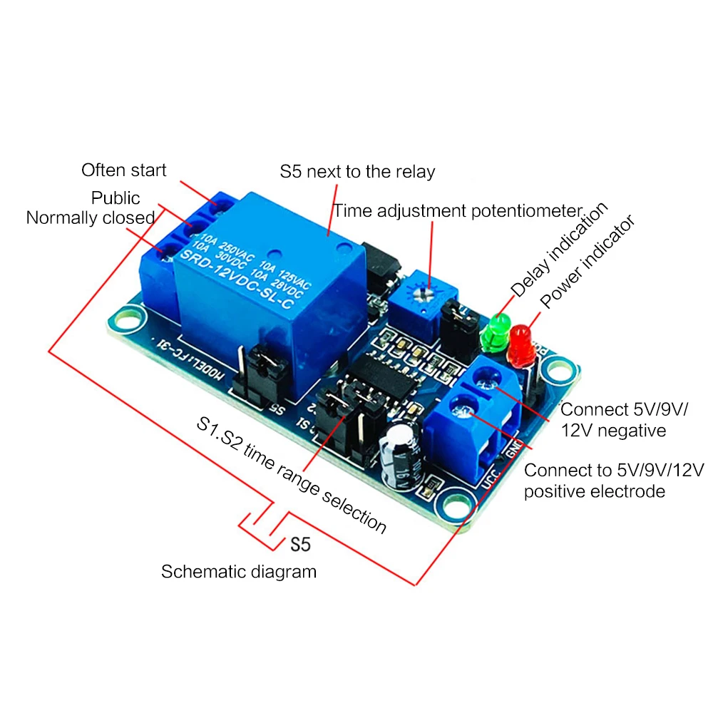 DC12V Normal Open Time Delay Relay Control Switch Module Adjustable Potentiometer LED Indicator
DC12V Normal Open Time Delay Relay Control Switch Module Adjustable Potentiometer LED Indicator