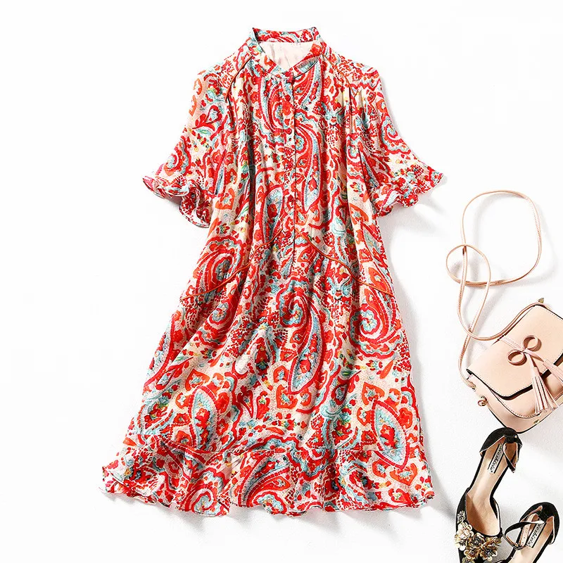 Summer Silk Dress Women Short Sleeve Midi Red Printed 100% Silk Elegant Fashion Office Lady Dresses Female Outfits Sukienka Robe 
Summer Silk Dress Women Short Sleeve Midi Red Printed 100% Silk Elegant Fashion Office Lady Dresses Female Outfits Sukienka Robe