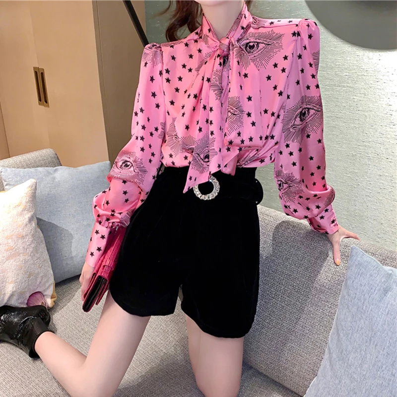 TWOTWINSTYLE Printed Chiffon Shirt For Women Bow Collar Lantern Sleeve Lace Up Casual Elegant Blouse Female Fashion New Stylish | Женская