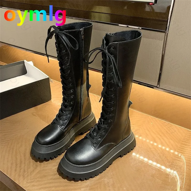 Женские кожаные сапоги на шнуровке, черные сапоги до колена, Нескользящие, увеличивающие рост, Осень-зима 
Женские кожаные сапоги на шнуровке, черные сапоги до колена, Нескользящие, увеличивающие рост, Осень-зима