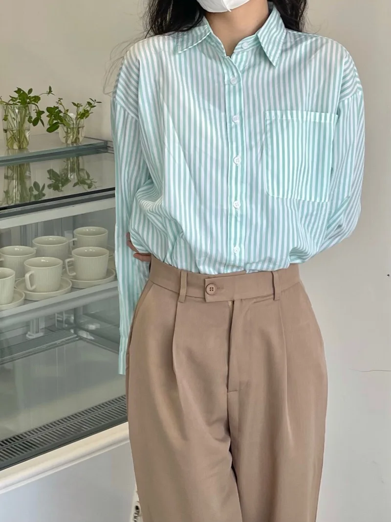 Korean Green Striped Shirts Women 2022 Spring Autumn Loose Full Sleeve Shirts Blouses Elegant Female Causal Tops Chic T423
Korean Green Striped Shirts Women 2022 Spring Autumn Loose Full Sleeve Shirts Blouses Elegant Female Causal Tops Chic T423
