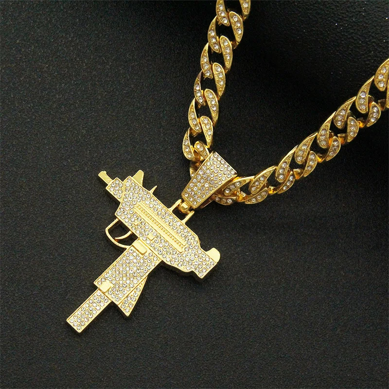 

Men Women Hip Hop Iced Out Bling Submachine Gun Pendant Necklace With 11mm Miami Cuban Chain Hiphop Necklaces Fashion Jewelry