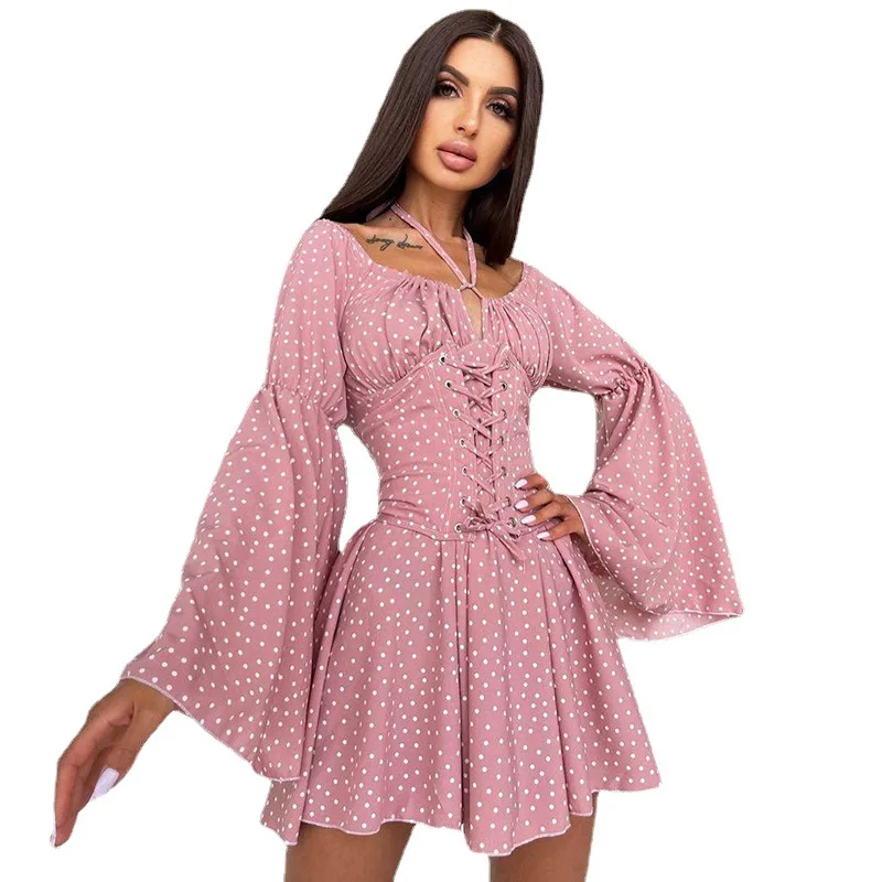 2021 New Polka Dot Skirt Bandage Waist Neck Lace Halter Skirt Flared Sleeve A-line Dress
2021 New Polka Dot Skirt Bandage Waist Neck Lace Halter Skirt Flared Sleeve A-line Dress