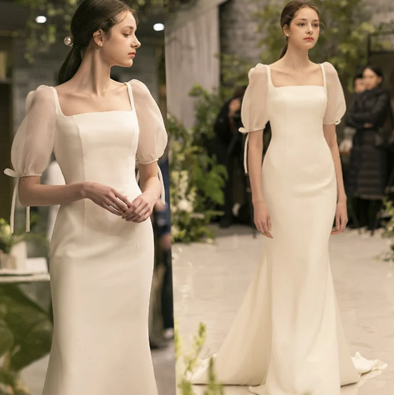 2021 New Elegant Simple Slim Square Neck Satin Korean Vintage Bubble Short Sleeve Sweep Train Wedding Gown Wedding Dress White
2021 New Elegant Simple Slim Square Neck Satin Korean Vintage Bubble Short Sleeve Sweep Train Wedding Gown Wedding Dress White