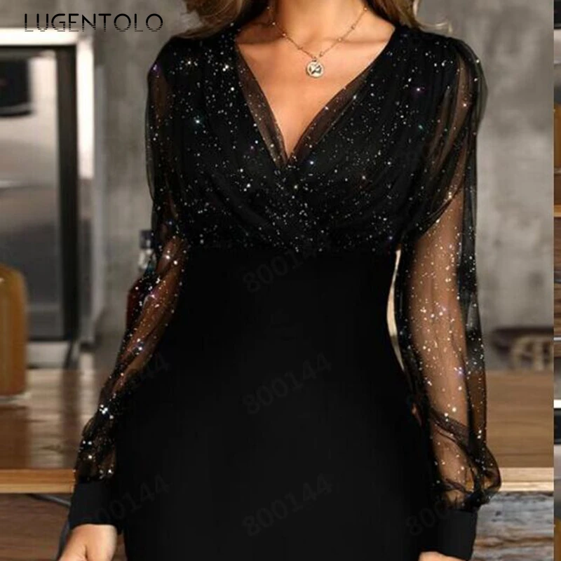 Lugentolo Party Dress Women Mini Mesh Sexy Fashion V-neck Sequins Lantern Sleeve Solid High Waist Summer Pencil Dress
Lugentolo Party Dress Women Mini Mesh Sexy Fashion V-neck Sequins Lantern Sleeve Solid High Waist Summer Pencil Dress