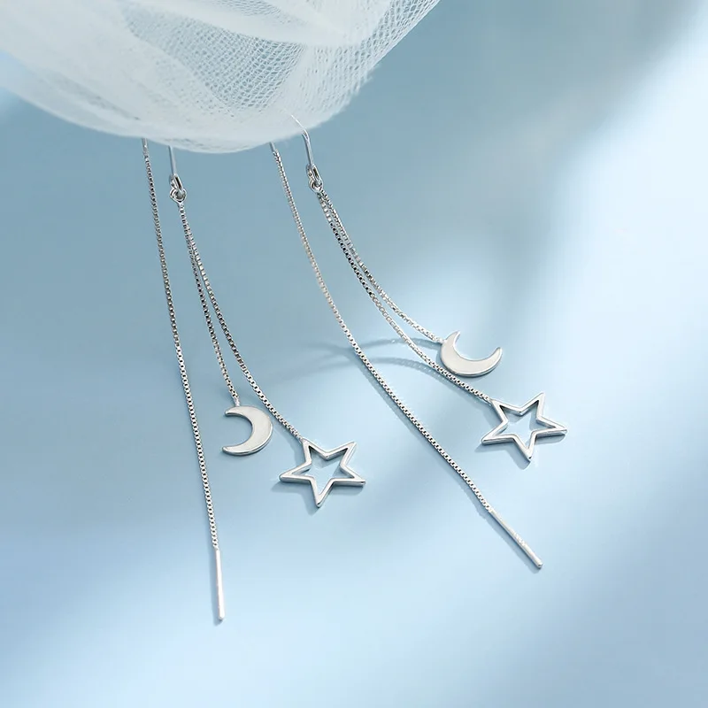

925 Sterling Silver Long Star Moon Drop Earrings For Women Wedding Fashion Jewelry eh1351