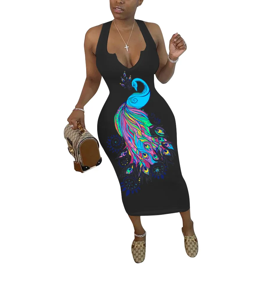 V-Neck Solid Color Peacock Print Summer Women Dress New Sexy European and American Hot Style ModelClothes
V-Neck Solid Color Peacock Print Summer Women Dress New Sexy European and American Hot Style ModelClothes