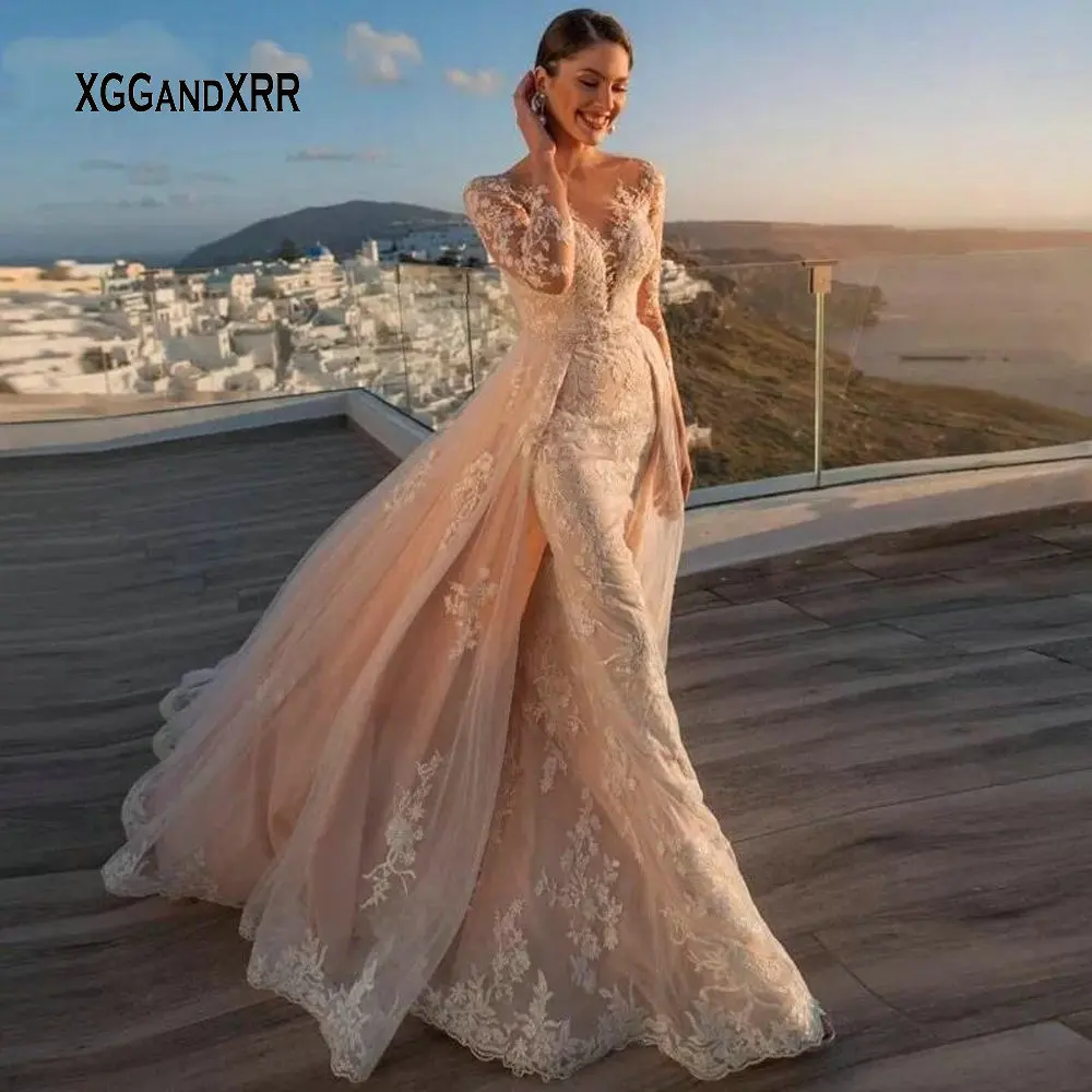 Romantic Long Sleeves Mermaid Lace Wedding Dress with Detachable Train Champagne Lace Appliques 2 In 1 Bridal Gown Illusion Back
Romantic Long Sleeves Mermaid Lace Wedding Dress with Detachable Train Champagne Lace Appliques 2 In 1 Bridal Gown Illusion Back