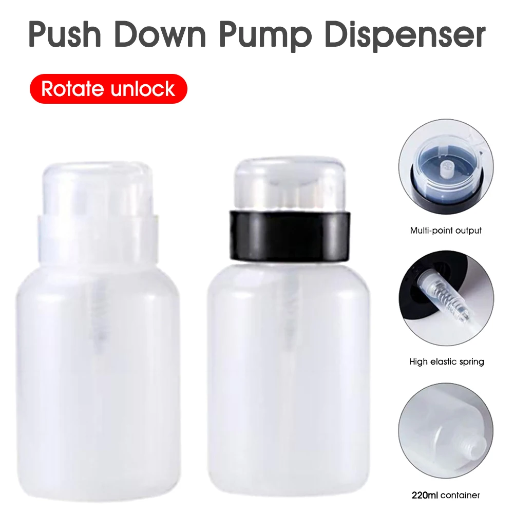 220ML Portable Clear Pump Dispenser Push Down Pump Dispenser Bottle for Nail Polish Alcohol Clear Remover Travel Size
220ML Portable Clear Pump Dispenser Push Down Pump Dispenser Bottle for Nail Polish Alcohol Clear Remover Travel Size