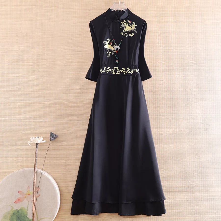 

Chinese Style Women Qipao Dress Spring Royal Embroidery Crane Vintage Elegant Slim Lady Luxurious Cheongsam Dress S-XXL