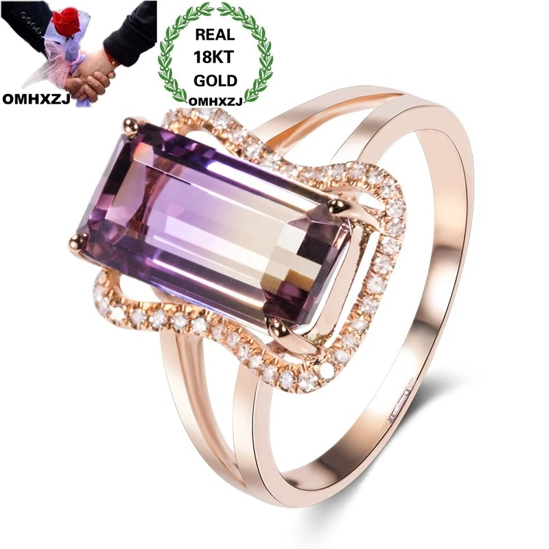 

OMHXZJ, оптовая продажа, Европейская мода, женское кольцо, подарок на день рождения, свадьбу, прямоугольный Аметрин, циркон AAA, розовое золото 18 карат, кольцо RR985