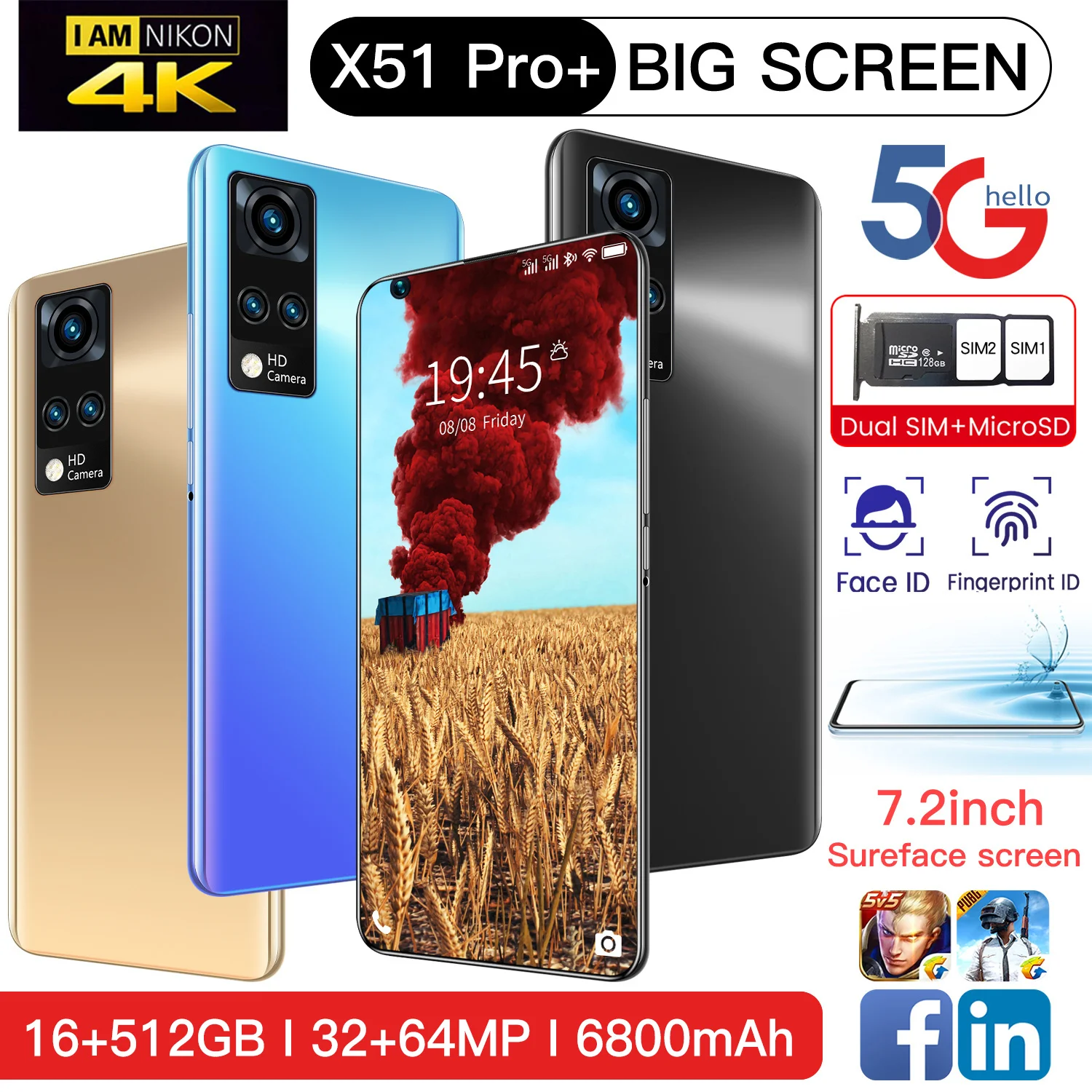 X51PRO+ Smartphone Android 7.2inch 5G 32MP+64MP 16GB+512GB 6800mAh Unlocked Mobile Phones Celulares Global Version Cellphone New
X51PRO+ Smartphone Android 7.2inch 5G 32MP+64MP 16GB+512GB 6800mAh Unlocked Mobile Phones Celulares Global Version Cellphone New